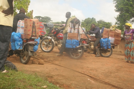 Havily loaded motor cycles arrived with anti ebola materials in hard to reach affected community