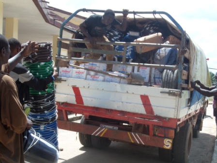 Loading Vehicle with consignment at the administrative building in Voinjama for Kolahun, Foya and  Vahun Districts